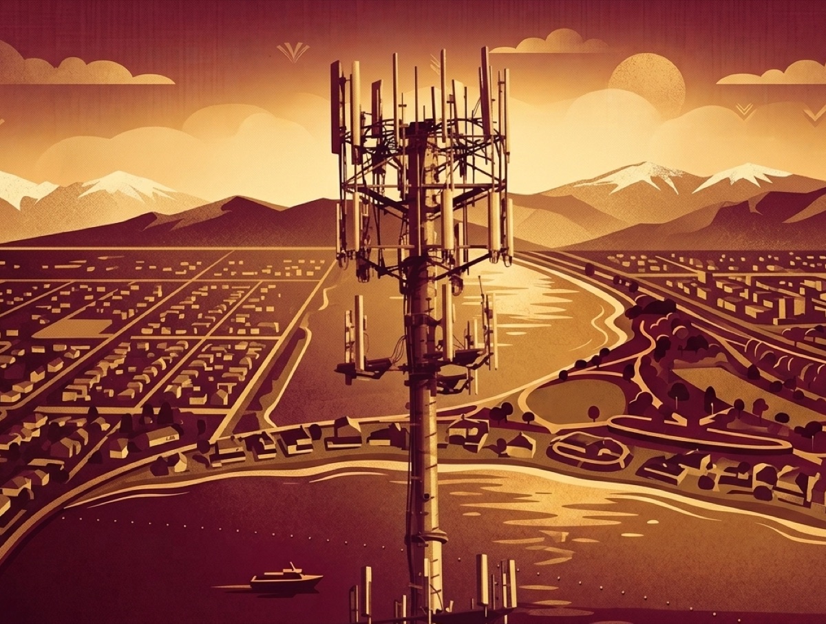 art-deco style illustration of a cell tower over a city