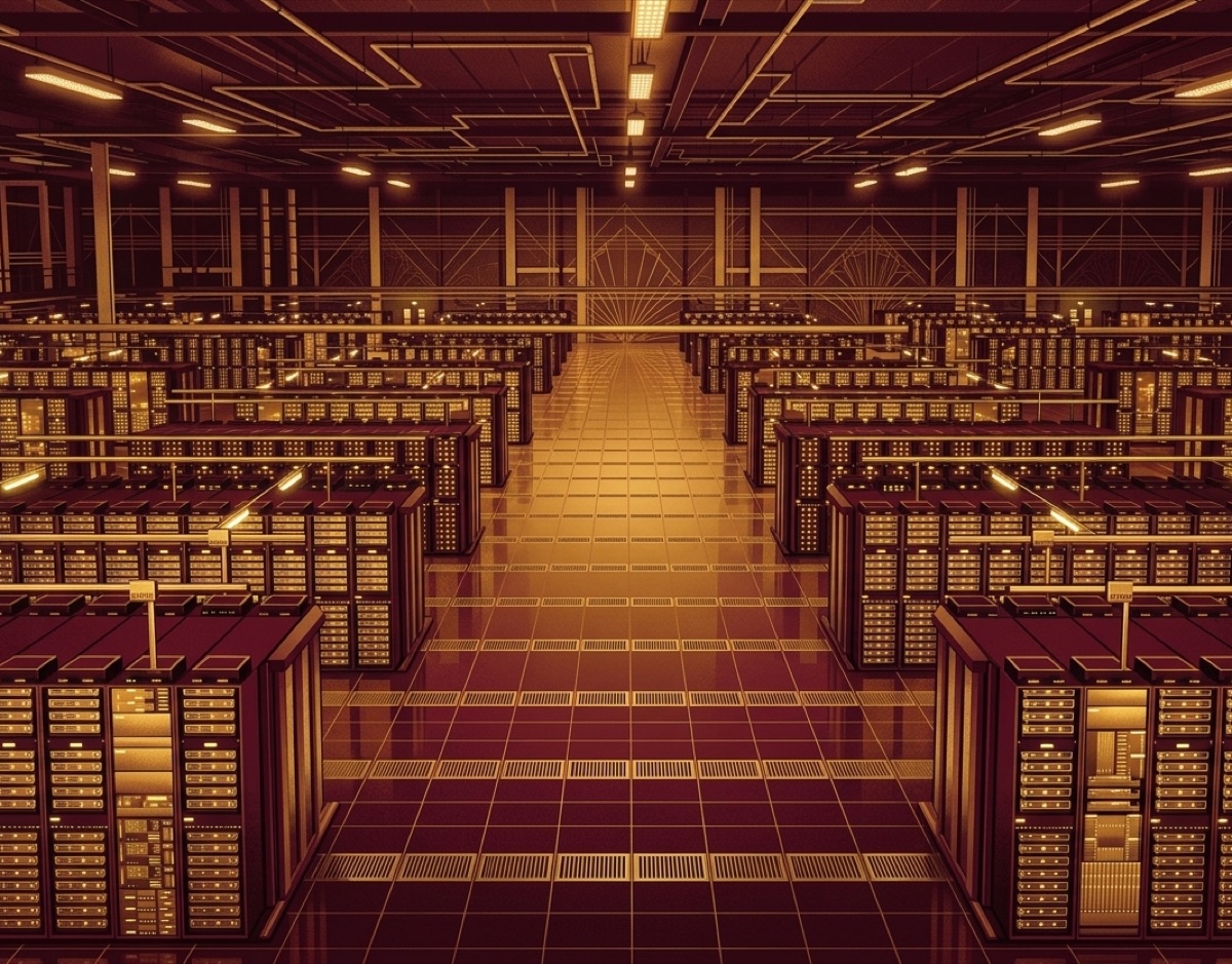 art-deco style illustration of a data center hall