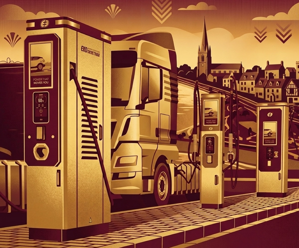 art-deco style illustration of an EV truck charging station