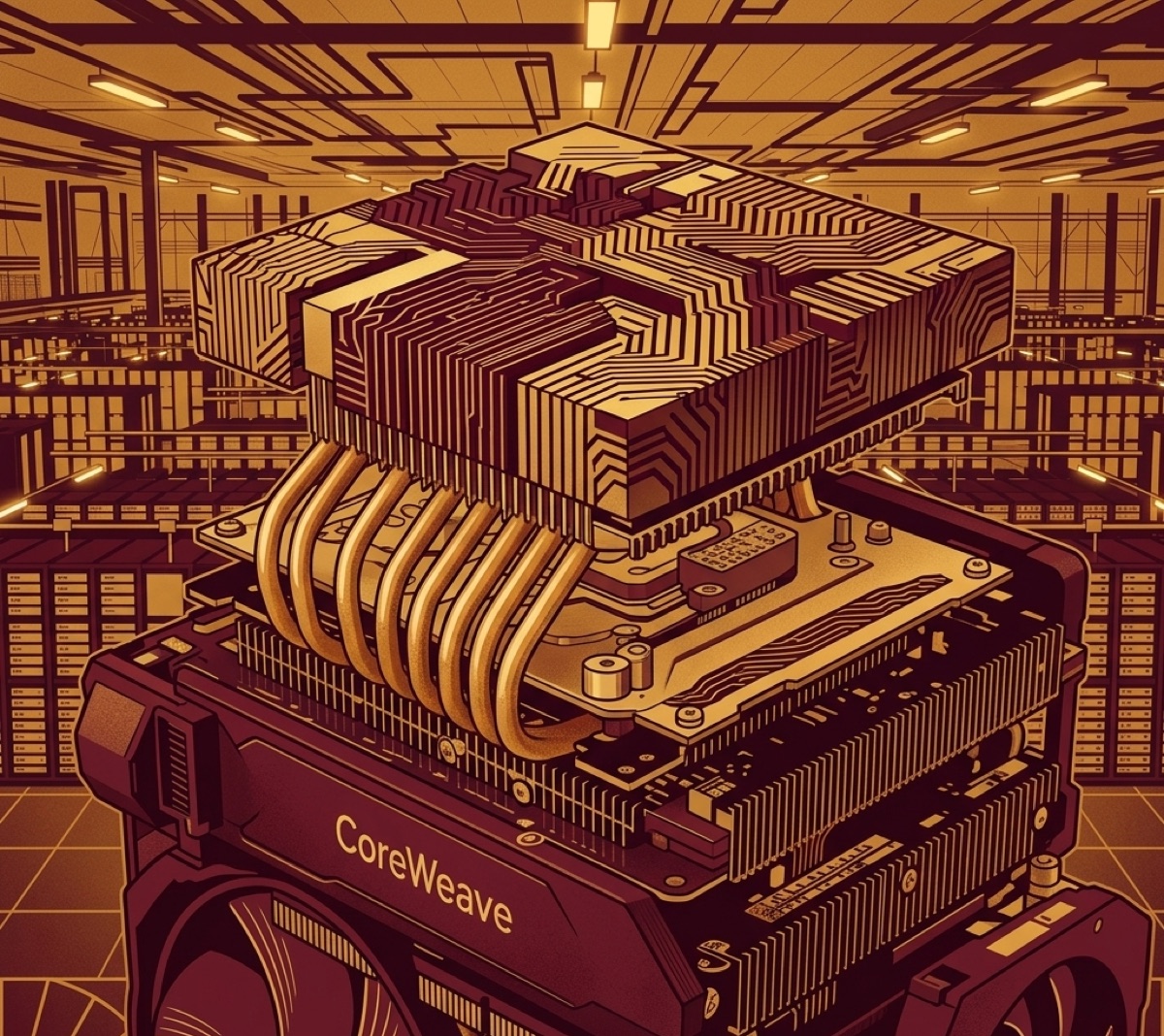art-deco style illustration of a GPU in a data center