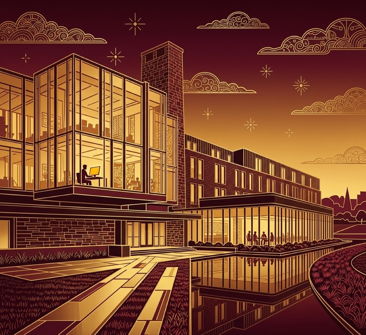 art-deco style illustration of the Ivey Business School campus at dusk